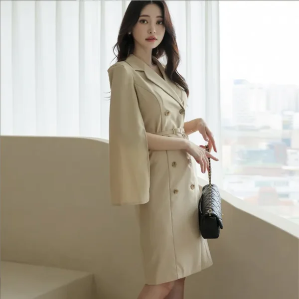 Cape-Sleeve Lapel Collar Plain Double-Breasted Sheath Coat Dress