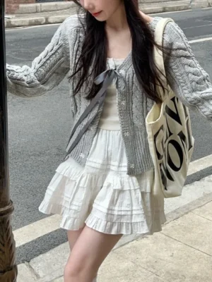 V-Neck Tie Front Cardigan / Mid Rise Plain Mini A-Line Skirt / Camisole Top