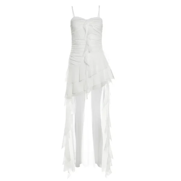 L_g0207005717 Spaghetti Strap Plain Asymmetrical Ruffle Trim Ruched Open Back High Low A-Line Dress