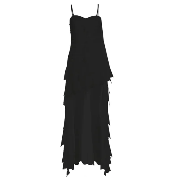L_g0207005718 Spaghetti Strap Plain Asymmetrical Ruffle Trim Ruched Open Back High Low A-Line Dress