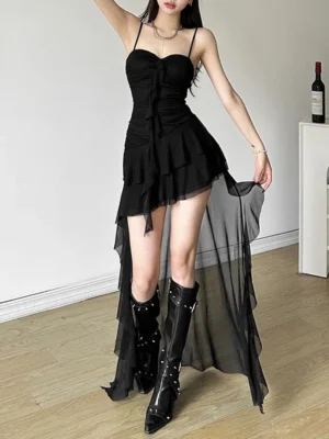 Spaghetti Strap Plain Asymmetrical Ruffle Trim Ruched Open Back High Low A-Line Dress
