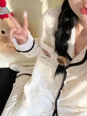 Long Sleeve Collared Dotted Contrast Trim Fleece Shirt + Straight Leg Pants