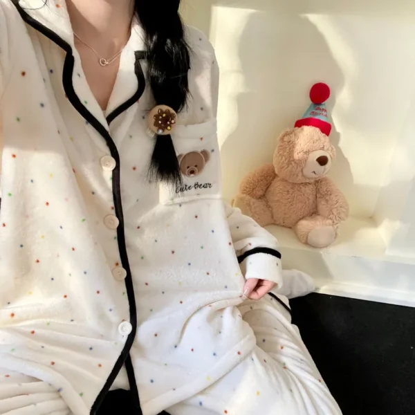 L_g0222371778 Long Sleeve Collared Dotted Contrast Trim Fleece Shirt + Straight Leg Pants