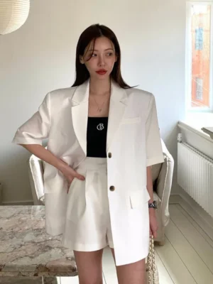 Short-Sleeve Lapel Collar Plain Single Breasted Blazer + High Waist Plain Wide Leg Shorts