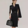 Cape-Sleeve Lapel Collar Plain Double-Breasted Sheath Coat Dress