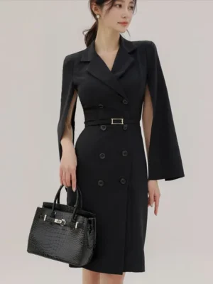 Cape-Sleeve Lapel Collar Plain Double-Breasted Sheath Coat Dress