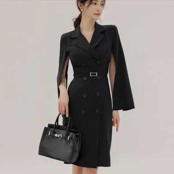 Cape-Sleeve Lapel Collar Plain Double-Breasted Sheath Coat Dress